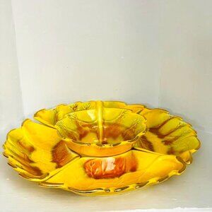 Ceramic Tray Leaf  5 Piece Yellow Gold Lazy Susan Leaf Dip Bowl Fall Dinnerware